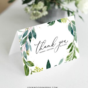Boho Grün Hochzeit Dankeskarten, Gefaltete Hochzeit Dankeskarten Vorlage, druckbare Hochzeit Dankeskarte, Templett, #011