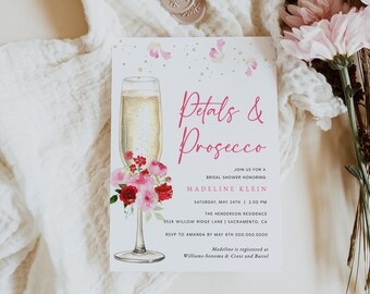 Petals and Prosecco Bridal Shower Invitation, Champagne Bridal Shower Invitation Template, Printable Bridal Shower Invite, Templett #030