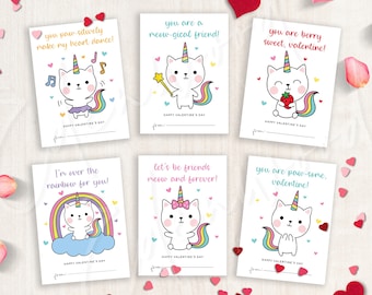 Printable Cat Valentine's Day Cards, Kittycorn Classroom Valentine's Day Cards for Kids, Valentine's Day Gift Tags, Instant Download, #V21