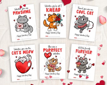 Printable Cat Pun Valentine's Day Cards, Classroom Valentine's Day Cards for Kids, Valentine's Day Gift Tags, Instant Download, #V21