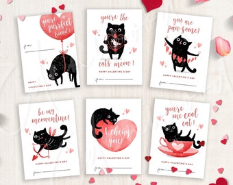 Printable Cat Valentine's Day Cards, Classroom Valentine's Day Cards for Kids, Valentine's Day Gift Tags, Instant Download, #V21