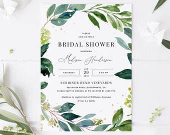 Greenery Bridal Shower Invitation Template, Boho Greenery Gold Shower Invitation, Printable Bridal Shower Invitation Download Templett, #011