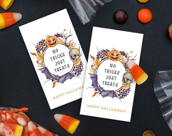 Printable Halloween Treat Tags, No Tricks Just Treats Halloween Favor Tag, Halloween Gift Tag Download, Editable Halloween Tags, Templett