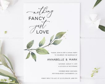 Nothing Fancy Just Love Elopement Celebration Party Invitation Announcement, Greenery Wedding Reception Invitation Template Download, #005