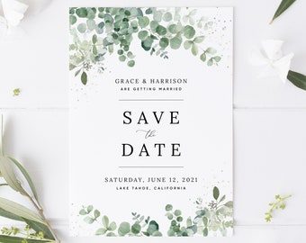 Eucalyptus Wedding Save the Date Invitation Template, Boho Greenery Wedding Save the Date Card, Printable Save the Date, Templett, #002