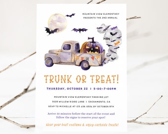 Może przedstawiać: Zaproszenie na imprezę Trunk or Treat w szkole podstawowej Mountain View. Zaproszenie zawiera akwarelowy rysunek vintage'owego samochodu ciężarowego z wyrzeźbioną dynią w skrzyni ładunkowej, latającymi nietoperzami i pełnią księżyca. Impreza odbędzie się w czwartek, 22 października, w godzinach od 17:00 do 19:00. Prosimy o potwierdzenie udziału u Michelle pod numerem 123.456-0504 do 8 października.