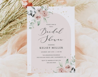 Boho Bridal Shower Invitation, Wildflower Bridal Shower Invitation Template, Boho Arch Floral Bridal Shower Invitation, Templett, #025