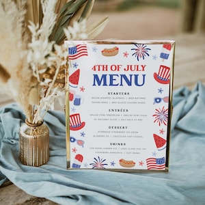 Modelo de menu editável de 4 de julho, placa de menu do Dia da Independência Patriótica, placas de mesa de menu para impressão de 4 de julho, Templett, #J4