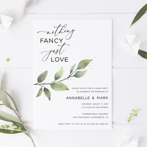 Nothing Fancy Just Love Elopement Celebration Party Invitation Announcement, Greenery Wedding Reception Invitation Template Download, #005
