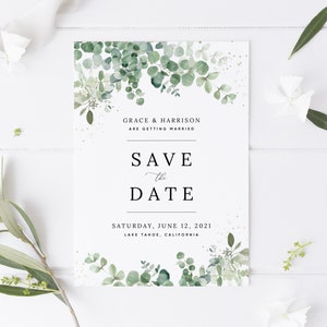 Eucalyptus Wedding Save the Date Invitation Template, Boho Greenery Wedding Save the Date Card, Printable Save the Date, Templett, #002