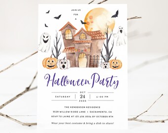 Halloween Invitation, Printable Halloween Party Invitation, Haunted House Party Invitation, Halloween Invitation Instant Download, Templett