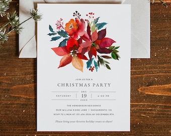 May include: A Christmas party invitation with a watercolor illustration of a poinsettia bouquet. The invitation is for Saturday, December 19th, 2020 at 4:00 PM at The Henderson Residence, 3528 Willow Ridge Lane, Sacramento, CA. RSVP to Linda at 123-456-0504 by December 8th. Please bring your favorite holiday treats to share!