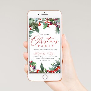 May include: A digital invitation for a Christmas party with a watercolor illustration of holly and berries. The text reads "Join us for a Christmas Party, Saturday, December 19th, 7:00 PM, The Henderson Residence, 3528 Willow Ridge Lane, Sacramento, CA, RSVP to Linda at 123.456.0504 by December 8th."