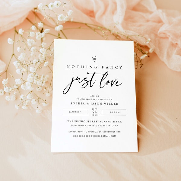 Nothing Fancy Just Love Invitation, Happily Ever After Elopement Reception Invitation, Wedding Reception Invitation Template, Templett, #016