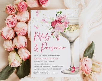 May include: A bridal shower invitation with pink watercolor flowers and a champagne flute. The invitation reads "Petals & Prosecco" and includes the bride's name, date, time, and location. RSVP information is also included.
