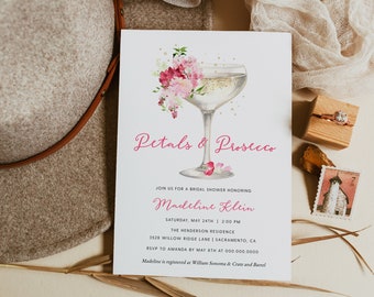 Petals and Prosecco Bridal Shower Invitation, Pink Floral Bridal Shower Invitation Template, Printable Bridal Shower Invite, Templett #030
