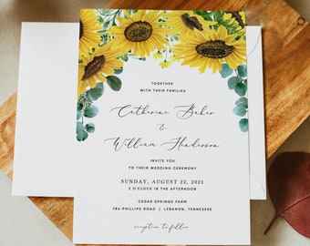 Sunflower Wedding Invitation Template, Greenery Wedding Invitation Printable, Rustic Wedding Invitation Template Download, Templett, #015