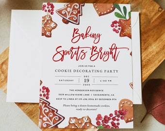 May include: A watercolor illustration of gingerbread cookies with red holly berries. The invitation reads "Baking Spirits Bright" and invites guests to a cookie decorating party on December 19th, 2020 at 4:00 PM at the Henderson Residence. The address is 3528 Willow Ridge Lane, Sacramento, CA. RSVP to Linda at 123.456.0504 by December 8th. The invitation also requests guests to bring a dozen homemade cookies, ready to decorate.