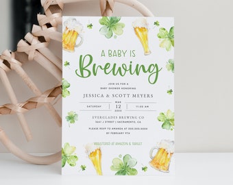 A Baby is Brewing Baby Shower Invitation, Baby Shamrock Invitation Template, Printable St. Patrick's Day Baby Shower Invite, Templett #17B