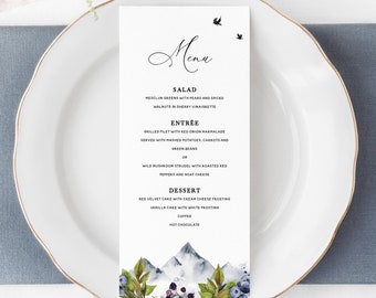 Modèle de menu de mariage de montagne, téléchargement de menu de mariage rustique, carte de menu de mariage imprimable, templett de menu de mariage en plein air, #009