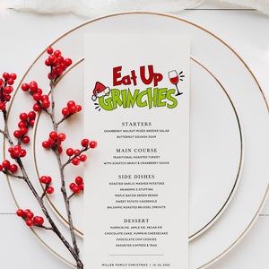 Grinch Christmas Menu Card Template, Editable Holiday Menu, Printable Christmas Party Dinner Menu, Instant Download, Templett, #C2