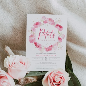 Petals and Prosecco Bridal Shower Invitation, Editable Bridal Shower Invitation Template, Printable Pink Floral Shower Invite, Templett #030