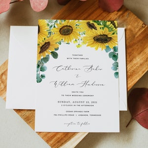 Sunflower Wedding Invitation Template, Greenery Wedding Invitation Printable, Rustic Wedding Invitation Template Download, Templett, #015