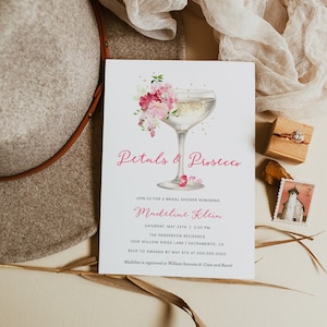 Petals and Prosecco Bridal Shower Invitation, Pink Floral Bridal Shower Invitation Template, Printable Bridal Shower Invite, Templett #030