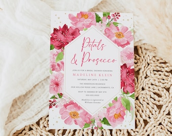 Petals and Prosecco Bridal Shower Invitation, Pink Floral Bridal Shower Invitation Template, Printable Bridal Shower Invite, Templett #030