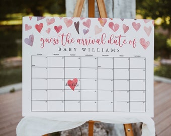 Valentines Guess the Due Date Calendar, A Little Sweetheart Baby Shower Due Date Calendar Game, Due Date Calendar Template, Templett #14B