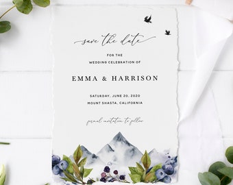 May include: Save the date card featuring a watercolour illustration of mountains, blueberries, and foliage. The text reads "save the date" for the wedding celebration of Emma & Harrison, Saturday, June 20, 2020, Mount Shasta, California, formal invitation to follow. The card is on a white background with a torn edge.