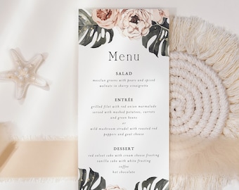 Op de afbeelding: Een rechthoekige menukaart met bloemen- en bladaccenten. Het menu bevat het woord "Menu" bovenaan, gevolgd door salade-, voorgerecht- en dessertopties. De kaart is versierd met aquarelbloemen en bladeren.