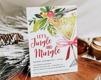 Könnte beinhalten: Eine Aquarell-Illustration eines Martini-Glases mit einem roten Band und grünen Stechpalmenzweigen. Der Text "Let's Jingle and Mingle" ist in roter Kursivschrift geschrieben. Die Einladung ist für eine Weihnachtsfeier am 19. Dezember um 19:30 Uhr in der Henderson Residence. Die Adresse lautet 3528 Willow Ridge Lane, Sacramento, CA. Bitte melden Sie sich bei Linda unter 123.456.0504 bis zum 8. Dezember an. Die Einladung bittet die Gäste, eine Flasche ihres Lieblingsweins zum Teilen mitzubringen.