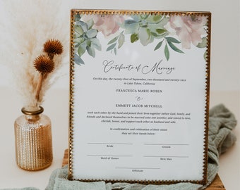 Boho Floral Wedding Marriage Certificate Keepsake, Decorative Marriage Certificate, Printable Marriage Certificate Download, Templett, #024