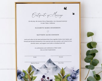 Recuerdo del certificado de matrimonio de boda de montaña rústica, descarga del certificado de matrimonio imprimible, certificado de matrimonio decorativo, #009