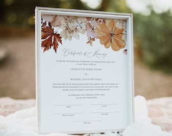 Fall Wedding Marriage Certificate Keepsake, Decorative Marriage Certificate, Printable Marriage Certificate Download, Templett, #028