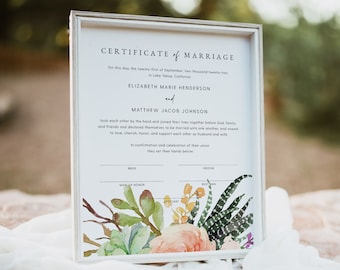 Succulent Marriage Certificate Keepsake, Decorative Marriage Certificate, Printable Marriage Certificate Download, Templett, #017