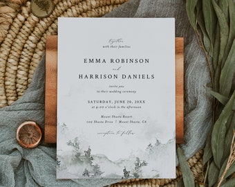 Mountain Wedding Invitation Template, Watercolor Forest Wedding Invitation, Printable Wedding Invitation, Instant Download, Templett, #022