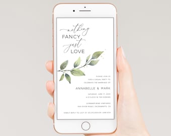 Digital Nothing Fancy Just Love Elopement Celebration Party Invitation Announcement, Greenery Wedding Reception Invitation Template, #005