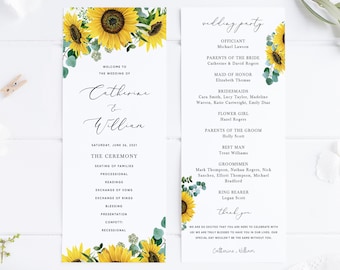 May include: A wedding program with a sunflower and greenery design. The program includes the names Catherine & William, the date Saturday, June 26, 2021, and the ceremony order. The wedding party is listed on the right side of the program.