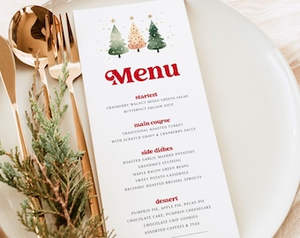 May include: A Christmas menu with a festive design featuring watercolor illustrations of Christmas trees. The menu lists starters, main course, side dishes, and dessert options. The text reads "Menu", "starters", "main course", "side dishes", "dessert", "Cranberry Walnut Mixed Greens Salad", "Butternut Squash Soup", "Traditional Roasted Turkey", "With Scratch Gravy & Cranberry Sauce", "Roasted Garlic Mashed Potatoes", "Grandma's Stuffing", "Maple Bacon Green Beans", "Sweet Potato Casserole", "Balsamic Roasted Brussel Sprouts", "Pumpkin Pie, Apple Pie, Pecan Pie", "Chocolate Cake, Pumpkin Cheesecake", "Chocolate Chip Cookies", "Assorted Coffees & Teas", "Miller Family Christmas - 20XX".
