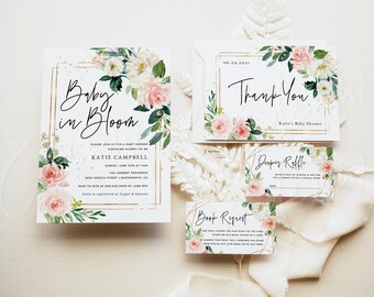 Baby in bloei baby shower uitnodiging bundel, Wildflower baby shower uitnodiging sjabloon, bewerkbare meisje baby shower bundel, Templett #03B