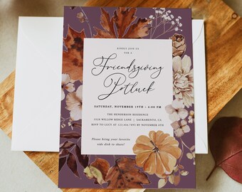 Invitación a la comida compartida de Friendsgiving, plantilla de invitación de Acción de Gracias, invitación a la cena de Friendsgiving imprimible, Templett, #TG4
