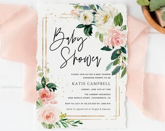 Könnte beinhalten: Eine Babyparty-Einladung mit goldenem Rahmen und floralem Design. Der Text lautet "Baby Shower" und enthält den Namen "Katie Campbell", das Datum "Sonntag, 14. Juni um 11:00 Uhr", den Ort "The Lambert Residence, 2000 Seneca Street | Sacramento, CA" und die RSVP-Informationen.