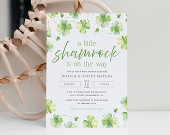 Shamrock Baby Shower Invitation, A Little Shamrock is on the Way Invite, Printable St. Patrick's Day Baby Shower Invitation, Templett #17B