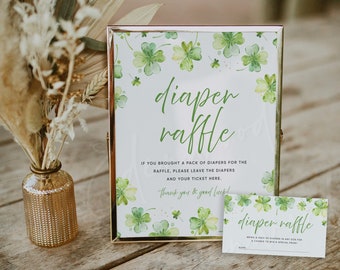 St Patrick's Day Diaper Raffle Sign & Ticket, Shamrock Baby Shower Diaper Raffle Template, Printable Clover Diaper Raffle, Templett, #17B