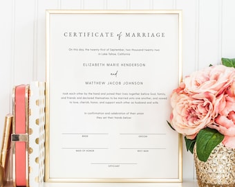Decorative Marriage Certificate, Marriage Certificate Keepsake, Printable Marriage Certificate Download, Wedding Gift, Templett, #016