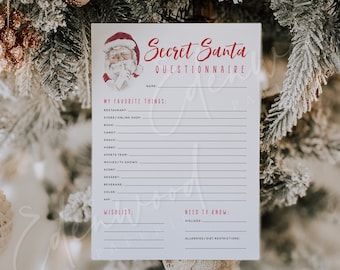 May include: A white printable Secret Santa questionnaire with a red and white illustration of Santa Claus. The questionnaire asks for favorite things, including restaurants, stores, books, candy, snacks, hobbies, sports teams, movies, scents, desserts, beverages, colors, and apps. It also asks for a wishlist and information about dislikes and allergies/diet restrictions.