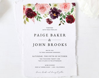 Burgund und Blush Hochzeitseinladung Vorlage, Florale Hochzeitseinladung Vorlage Download, Burgunderrote Hochzeitseinladung zum Ausdrucken, #004