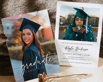 May include: Graduation invitation with a photo of a woman in a cap and gown. The invitation is for Kayla Henderson's graduation celebration on Saturday, May 24th at 2:00 PM at the Henderson Residence, 3528 Willow Ridge Lane, Sacramento, CA.  Kindly reply to Lucy at 000.000.0000 by May 8th.